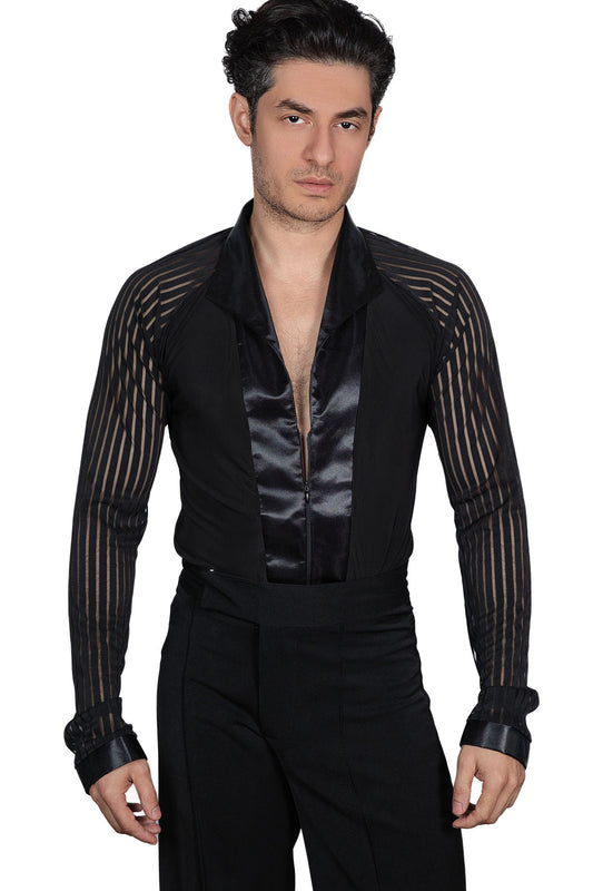 Introducing the MS40 Striped Sleeve Shirt with Trunks for men. Designed for Latin dance, this shirt features stylish stripes and comes with matching trunks. Made for both comfort and performance, it's the perfect addition to your dance wardrobe. pictured in black