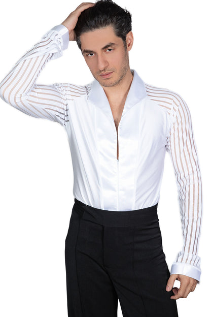 Introducing the MS40 Striped Sleeve Shirt with Trunks for men. Designed for Latin dance, this shirt features stylish stripes and comes with matching trunks. Made for both comfort and performance, it's the perfect addition to your dance wardrobe. pictured in white