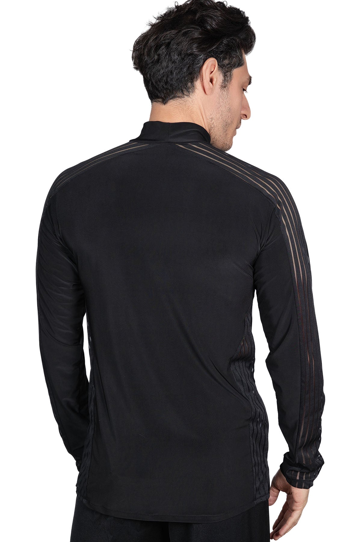 Get ready to dance the night away in style with our MS41 Side/Shoulder Striped Inset Tunic! Designed specifically for men, this shirt features a unique striped inset that adds a touch of sophistication to your latin dance ensemble. Its versatile design allows for comfortable movement while showcasing your passion for dance. pictured in black