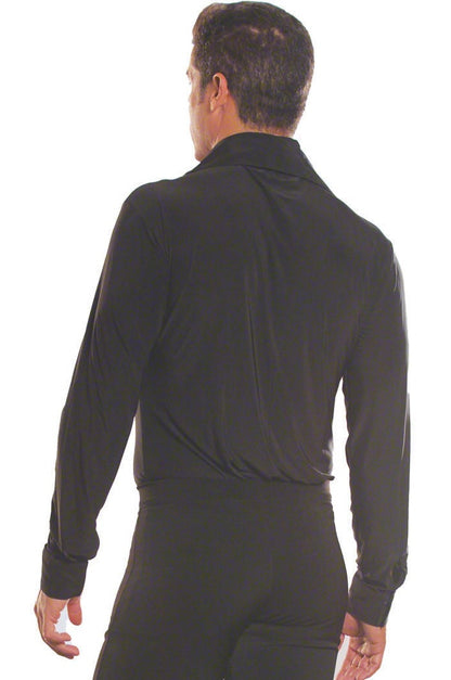 Introducing our MS5 Simple Shirt with Zipper and Trunks, perfect for men who love ballroom dancing. Made with high-quality materials and featuring a convenient zipper, this shirt with trunks provides comfort and style for your dancing needs. Upgrade your dance wardrobe today! pictured from back in black