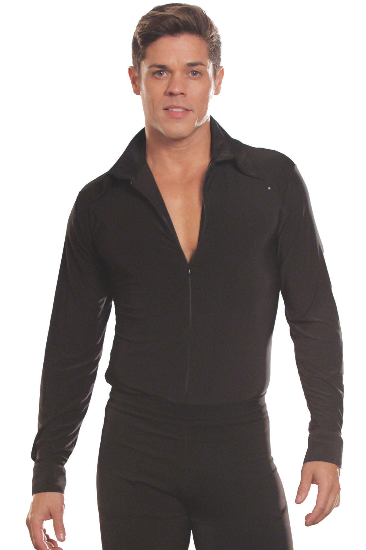 Introducing our MS5 Simple Shirt with Zipper and Trunks, perfect for men who love ballroom dancing. Made with high-quality materials and featuring a convenient zipper, this shirt with trunks provides comfort and style for your dancing needs. Upgrade your dance wardrobe today! pictured in Black