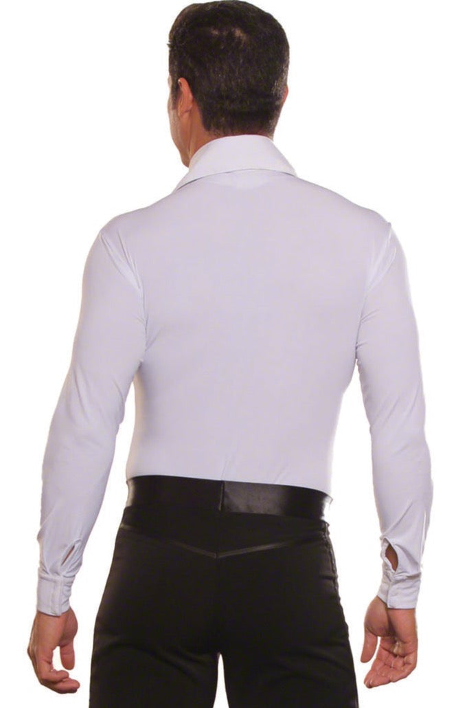 Introducing our MS5 Simple Shirt with Zipper and Trunks, perfect for men who love ballroom dancing. Made with high-quality materials and featuring a convenient zipper, this shirt with trunks provides comfort and style for your dancing needs. Upgrade your dance wardrobe today! pictured from back in white