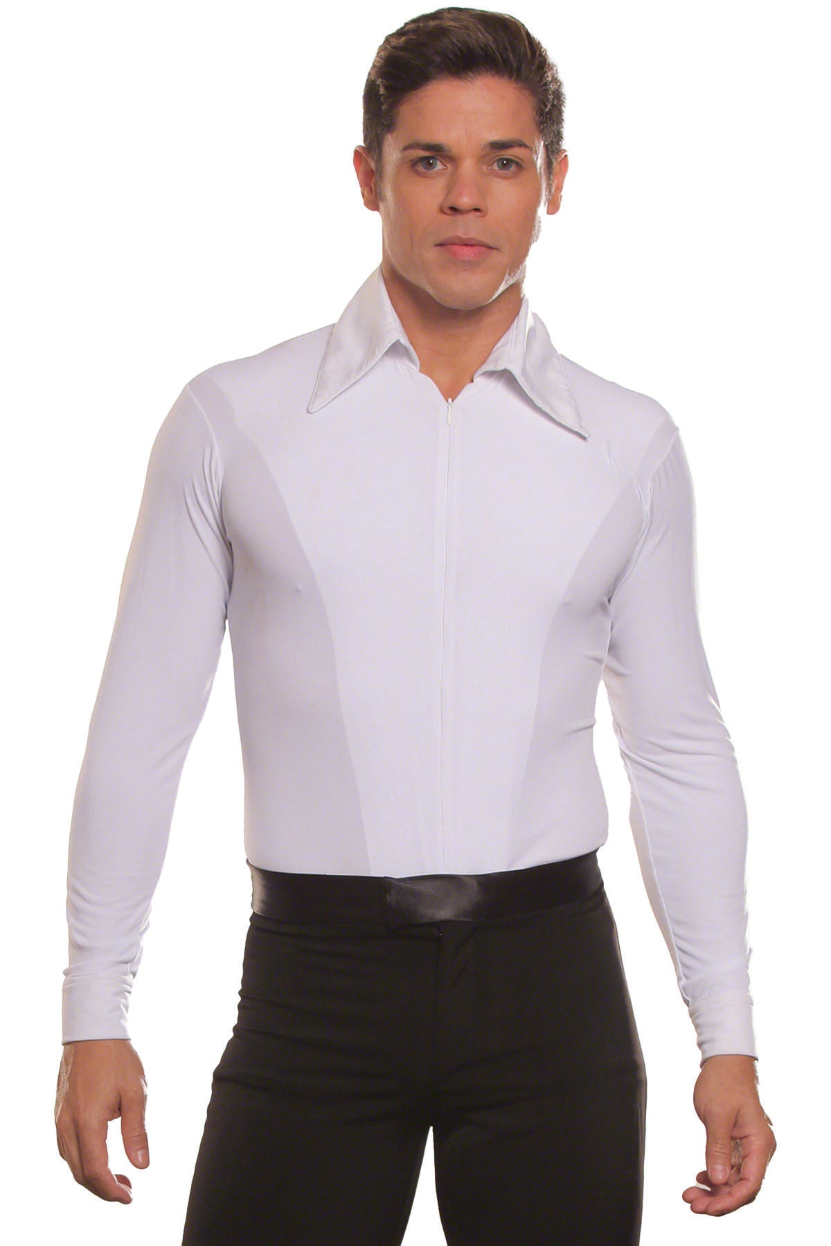 Introducing our MS5 Simple Shirt with Zipper and Trunks, perfect for men who love ballroom dancing. Made with high-quality materials and featuring a convenient zipper, this shirt with trunks provides comfort and style for your dancing needs. Upgrade your dance wardrobe today! pictured in white