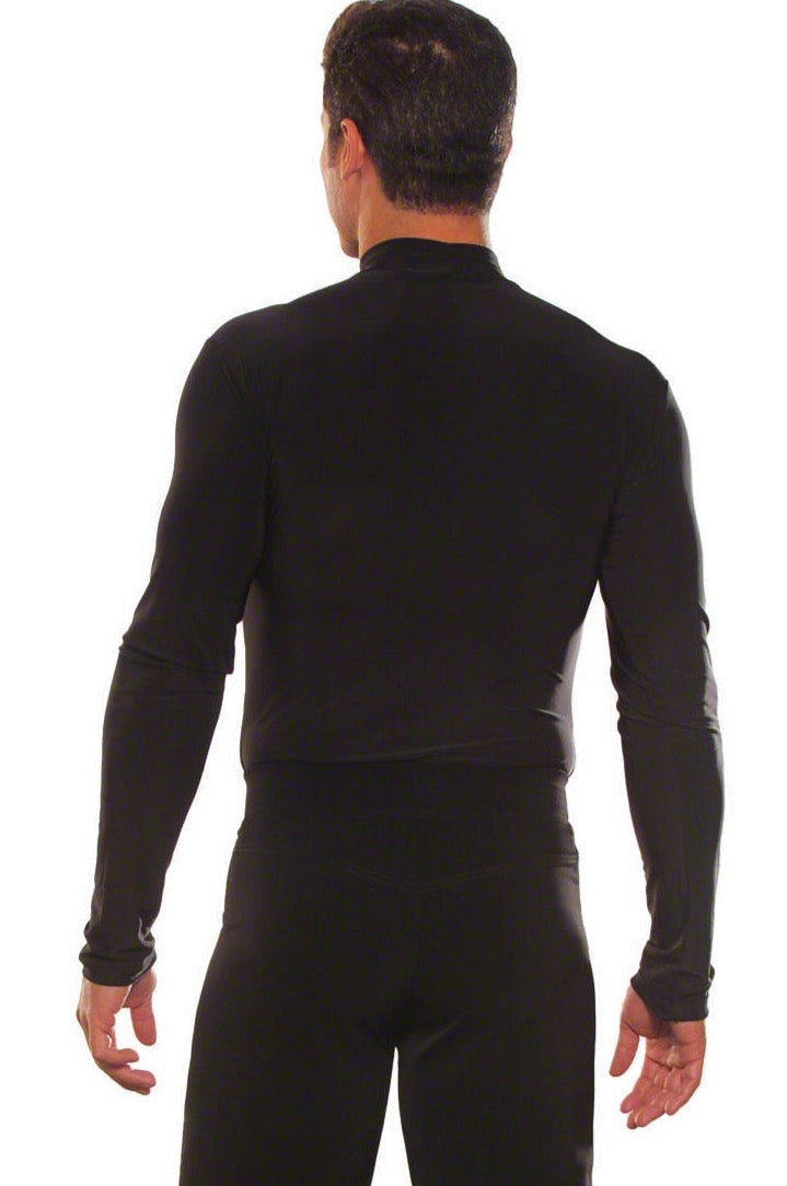 This MS6 Simple Turtleneck Shirt w/Trunks is designed specifically for men ballroom dancers. Made of black lycra, it offers a comfortable fit and full range of motion for dancing. Perfect for professionals and beginners alike. pictured in black from the back