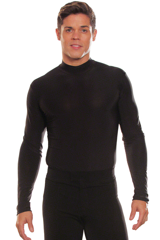 This MS6 Simple Turtleneck Shirt w/Trunks is designed specifically for men ballroom dancers. Made of black lycra, it offers a comfortable fit and full range of motion for dancing. Perfect for professionals and beginners alike. pictured in black