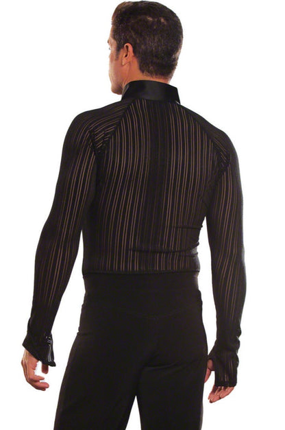 Elevate your wardrobe with our MS7 Mandarin Collared Shirt w/Trunks. Made of high-quality fabric, this shirt boasts a unique mandarin collar design and attached trunks for a secure fit. Choose from 3 novelty fabrics for a modern and functional twist on a classic look. Comfort and style guaranteed. pictured in black stripe from Back