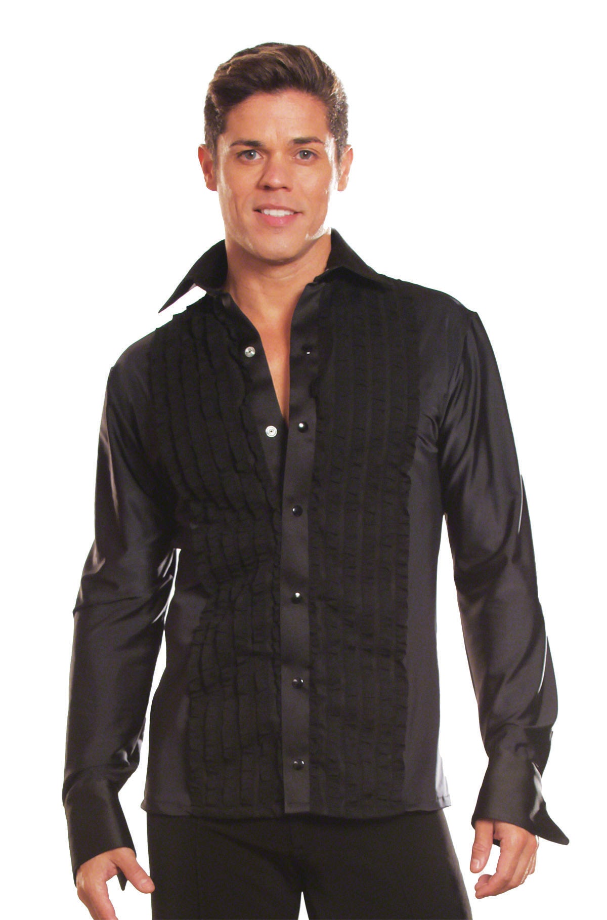 This MS8A Ruffled Tuxedo Shirt is perfect for ballroom dancing. It features a classic ruffle design and a tailored fit for a polished look. Crafted with high-quality materials, this shirt offers comfort and style for your next dance event. Look elegant and confident while you show off your moves on the dance floor. pictured in black