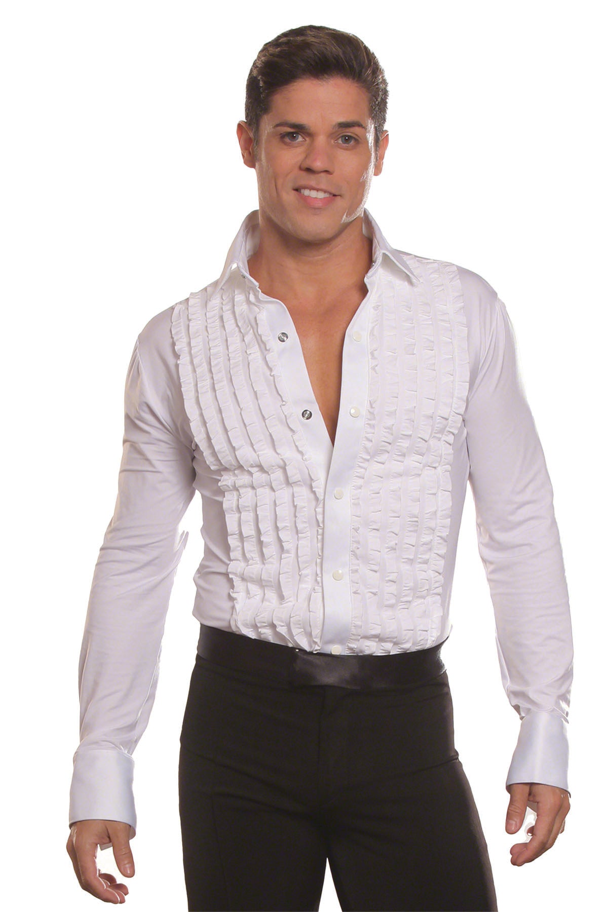 This MS8 Ruffled Tuxedo Shirt comes with trunks, offering a classic and sophisticated look. With its elegant ruffle detailing and timeless tuxedo style, this shirt provides a stylish addition to any wardrobe. Perfect for formal events or special occasions, it exudes confidence and refinement for the modern gentleman. pictured in white