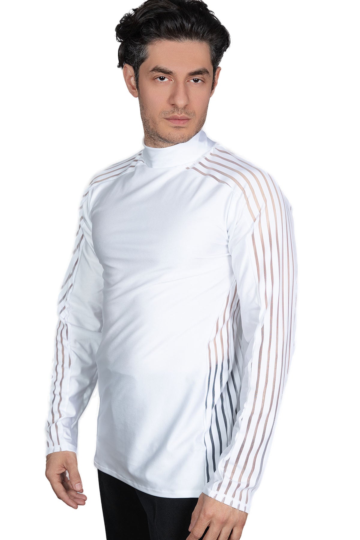 Get ready to dance the night away in style with our MS41 Side/Shoulder Striped Inset Tunic! Designed specifically for men, this shirt features a unique striped inset that adds a touch of sophistication to your latin dance ensemble. Its versatile design allows for comfortable movement while showcasing your passion for dance. pictured in white