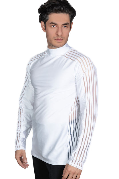 Get ready to dance the night away in style with our MS41 Side/Shoulder Striped Inset Tunic! Designed specifically for men, this shirt features a unique striped inset that adds a touch of sophistication to your latin dance ensemble. Its versatile design allows for comfortable movement while showcasing your passion for dance. pictured in white