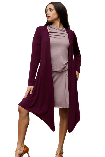 The C2401 Jacket is the perfect addition to your wardrobe for those cold days in the studio. This matching jacket can be tied in front for a stylish look or worn loose for comfort. Stay warm and stylish with this versatile and practical jacket. pictured in wine