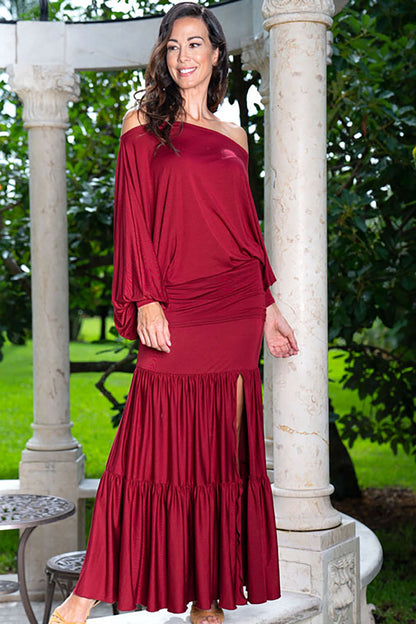 Experience the ultimate blend of comfort and style with our NLS1 Maxi Layered Skirt. Made from natural fabric, this maxi skirt provides a luxurious feel against the skin. The layered design adds a trendy touch, while the slit allows for easy movement and a touch of femininity. wine