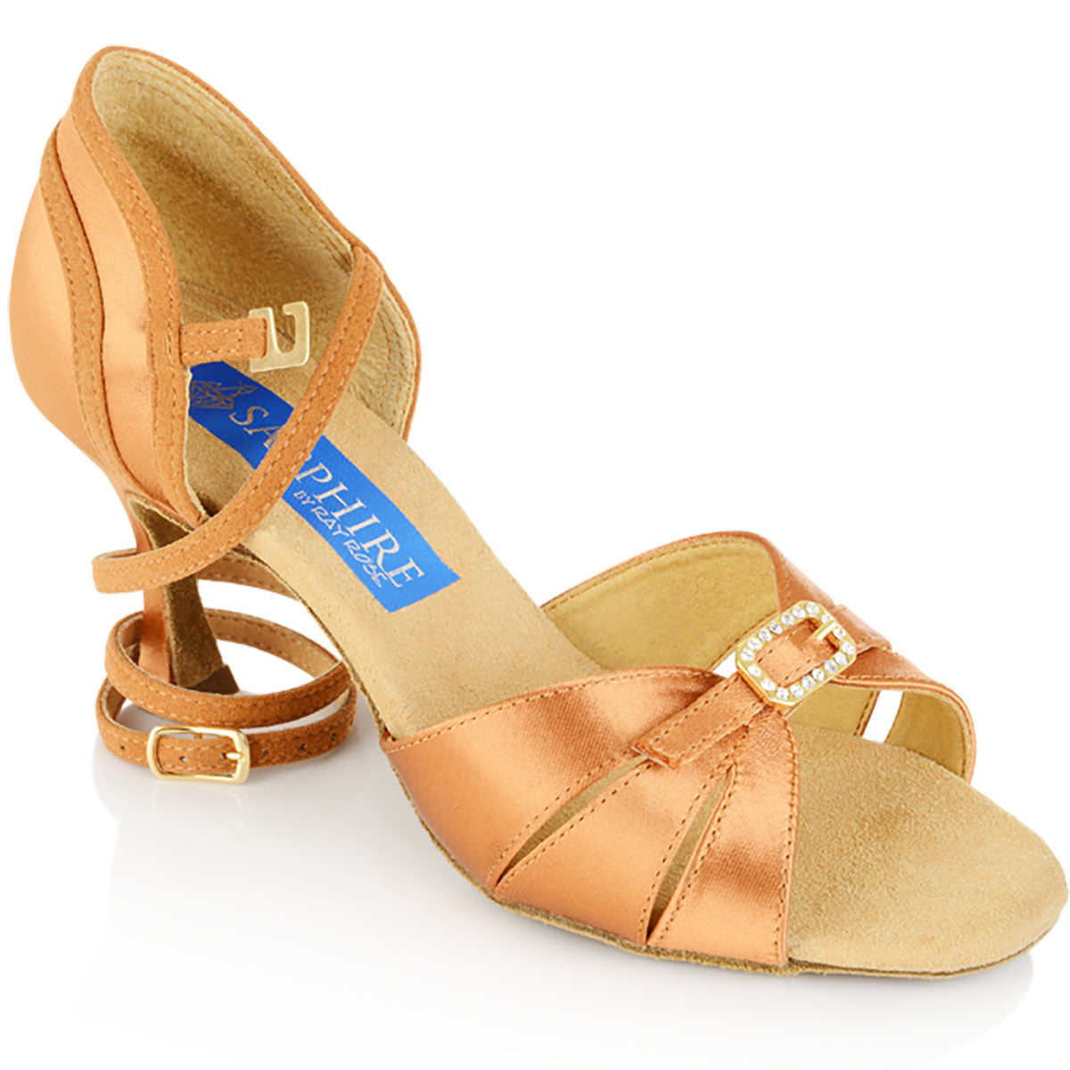 Introducing Pavo Latin Sandal, the epitome of elegance and comfort. With an adjustable front and beautiful gold diamante buckle, these sandals are perfect for any dance routine. The light tan satin and tan suede strapping exude luxury, while the anti-bacterial microfiber socking and anti-slip heel tip ensure the utmost comfort and stability. Elevate your dance game with Pavo.