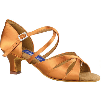 Phoenix  Introducing Phoenix, the Latin Sandal crafted with a more closed vamp for added support. With its expert design and construction, Phoenix offers unmatched stability and comfort, ensuring your every move is precise and effortless. Perfect for dancers seeking enhanced performance, Phoenix is a must-have for any dance enthusiast.Comfort Fit 2" wide heel tan satin