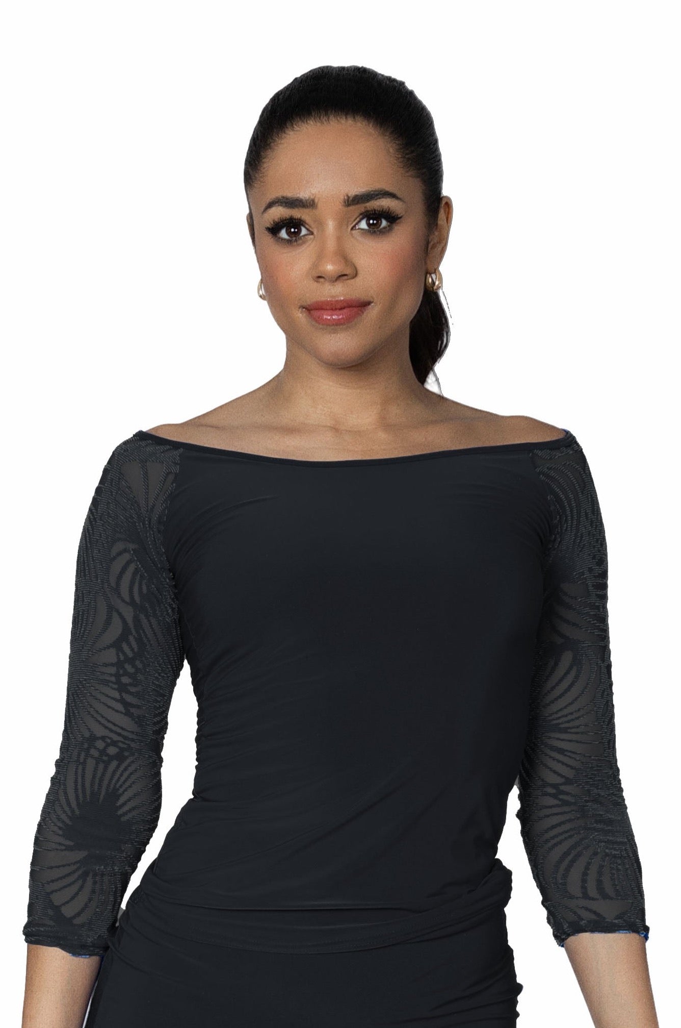 T2421 T-shirt Top with Burnout Velvet Sleeves  Elevate your evening at the dance school with the T2421 T-shirt Top. Featuring burnout velvet sleeves, this top adds a touch of sophistication and elegance to your outfit. Get ready to make a statement and stand out on the dance floor. Perfect for making a professional and stylish impression. black