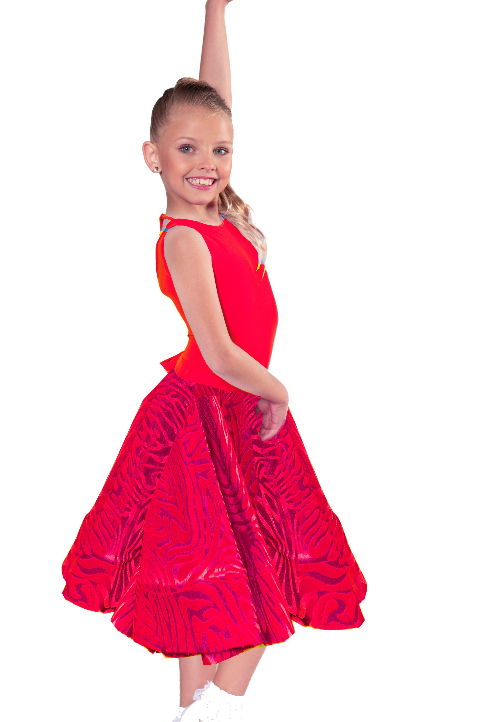 The JR - S2 Girls Burnout Velvet Ballroom Skirt is the perfect addition to any dancer's wardrobe. Made with 95% Poly and 5% Spandex, this skirt is ready to travel without any wrinkles. The Burnout Velvet and crinoline design adds a touch of elegance to any dance routine. Designed by dancers, for dancers, this skirt can be worn from morning to night, making it suitable for both practice and competition. Order now and receive it within 7-10 business days if not in stock! red