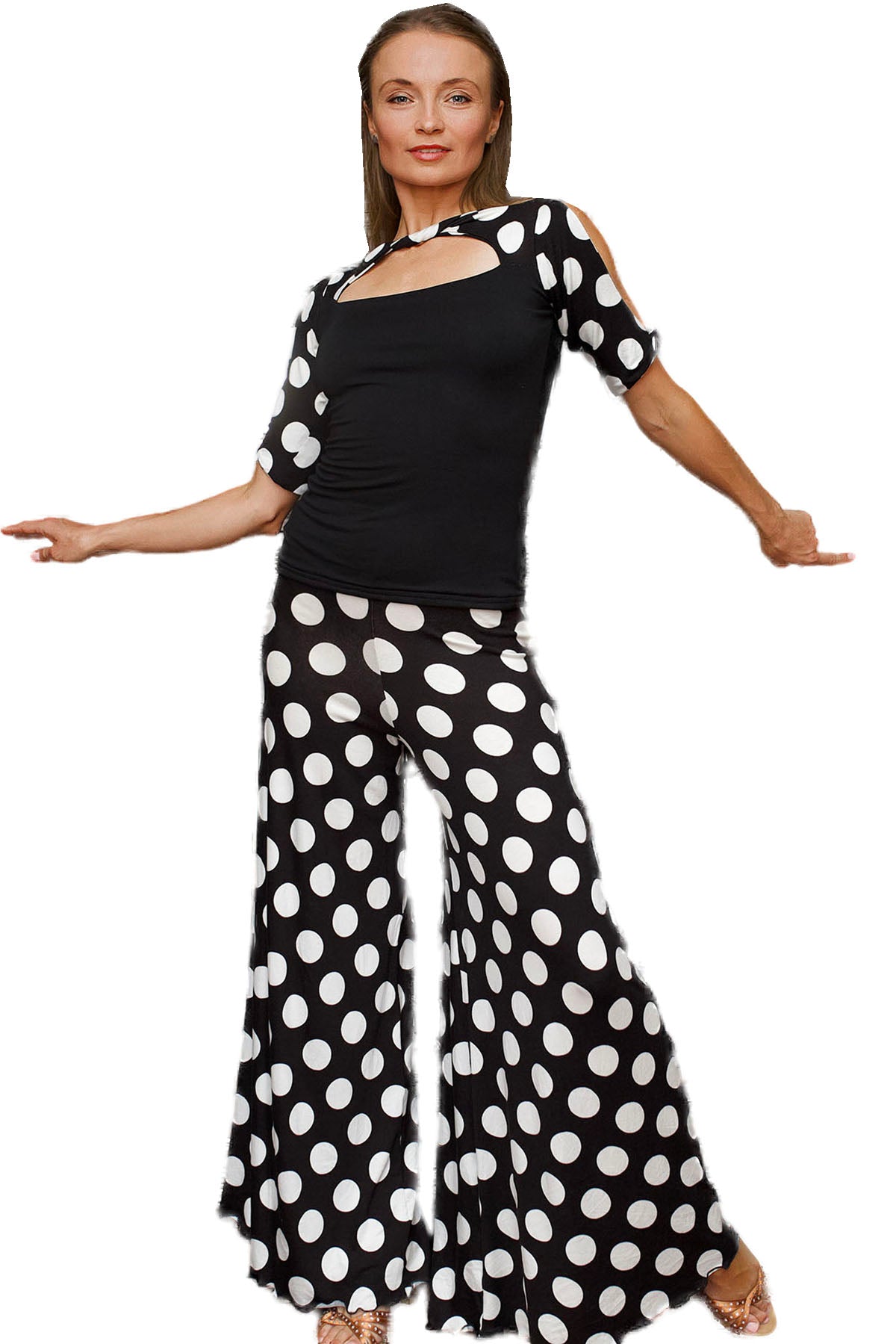 palazzo pants with black on white polka dots