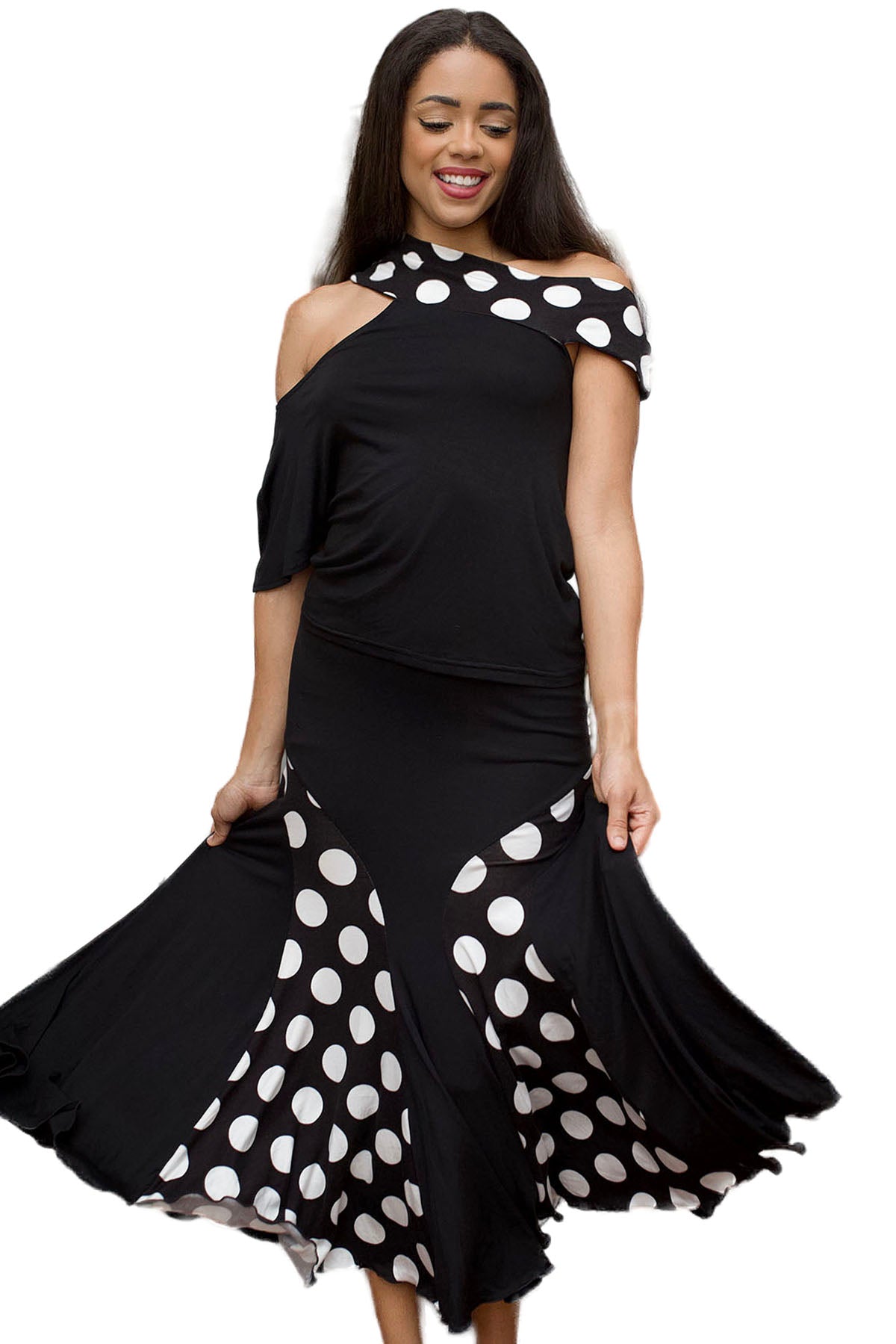 Get ready to make a splash on the dance floor with the S211 PD Long Polka Dot Mermaid Skirt. Designed with a mermaid shape and playful polka dot pattern, this skirt will make you stand out with every move. black with polka dots