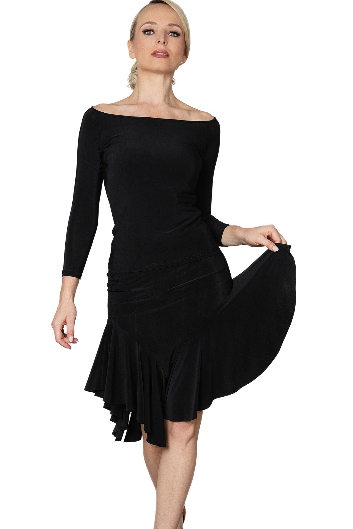 S2404 Asymmetric Flounced Skirt  Get your groove on with the S2404 Asymmetric Flounced Skirt. This playful practice skirt is perfect for ballroom dancing and adds a touch of fun to your routine. Made with comfortable material, this skirt is a great basic addition to any dancer's wardrobe. black