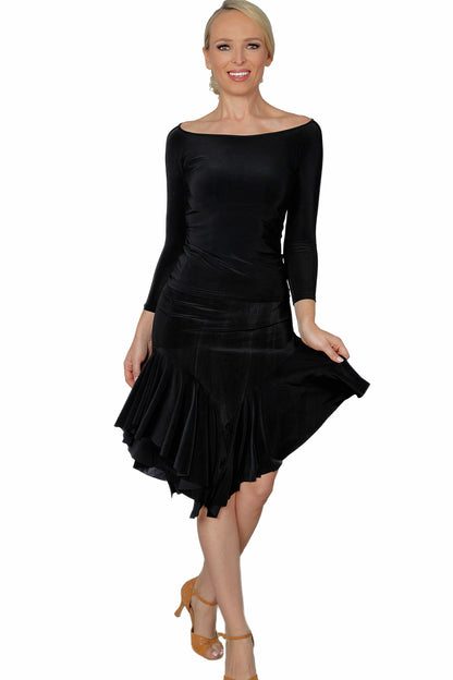 S2404 Asymmetric Flounced Skirt  Get your groove on with the S2404 Asymmetric Flounced Skirt. This playful practice skirt is perfect for ballroom dancing and adds a touch of fun to your routine. Made with comfortable material, this skirt is a great basic addition to any dancer's wardrobe. black