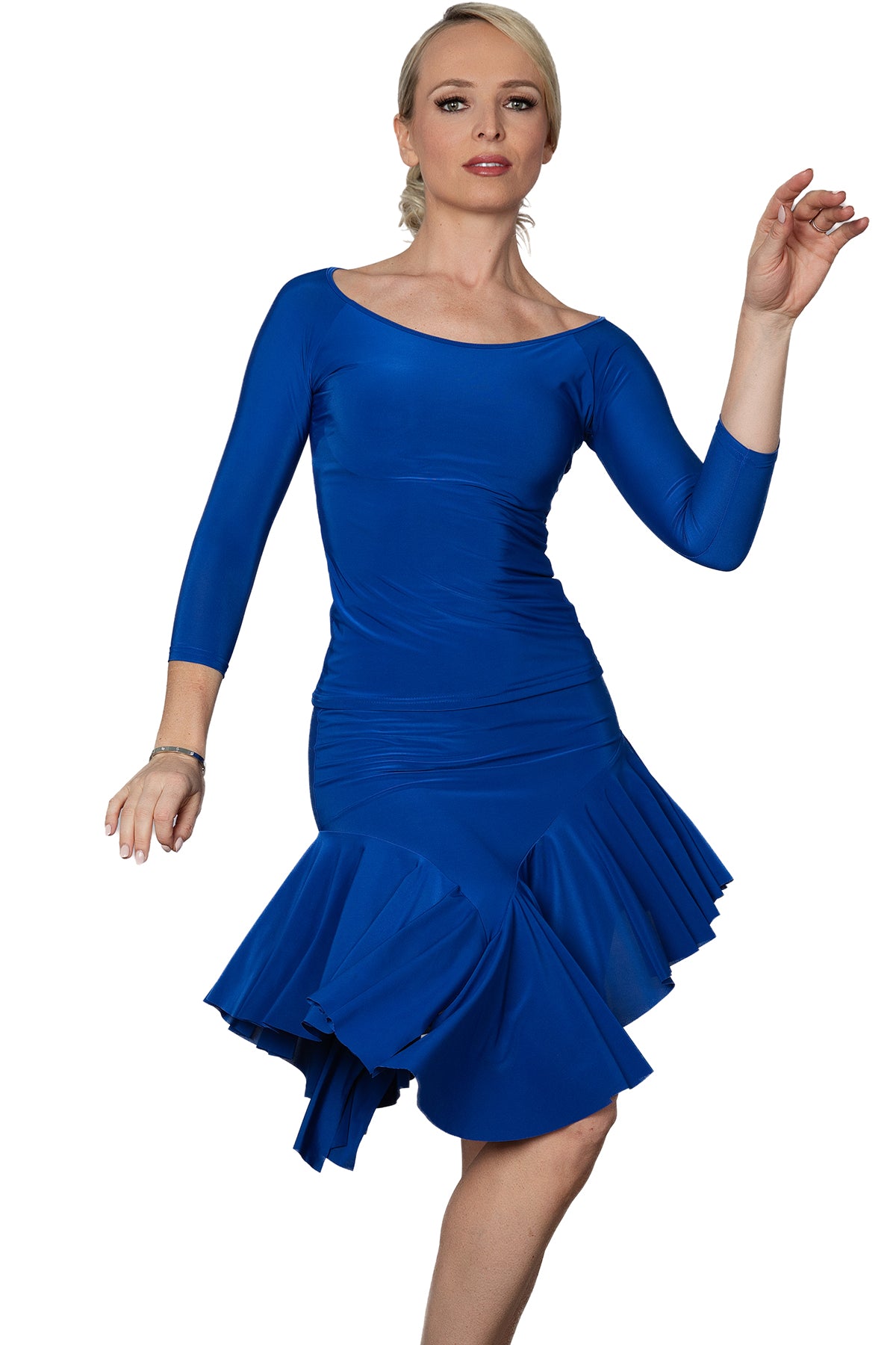 S2404 Asymmetric Flounced Skirt  Get your groove on with the S2404 Asymmetric Flounced Skirt. This playful practice skirt is perfect for ballroom dancing and adds a touch of fun to your routine. Made with comfortable material, this skirt is a great basic addition to any dancer's wardrobe. blue