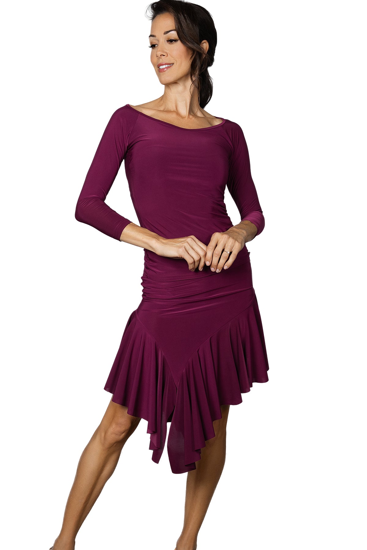 S2404 Asymmetric Flounced Skirt  Get your groove on with the S2404 Asymmetric Flounced Skirt. This playful practice skirt is perfect for ballroom dancing and adds a touch of fun to your routine. Made with comfortable material, this skirt is a great basic addition to any dancer's wardrobe. wine