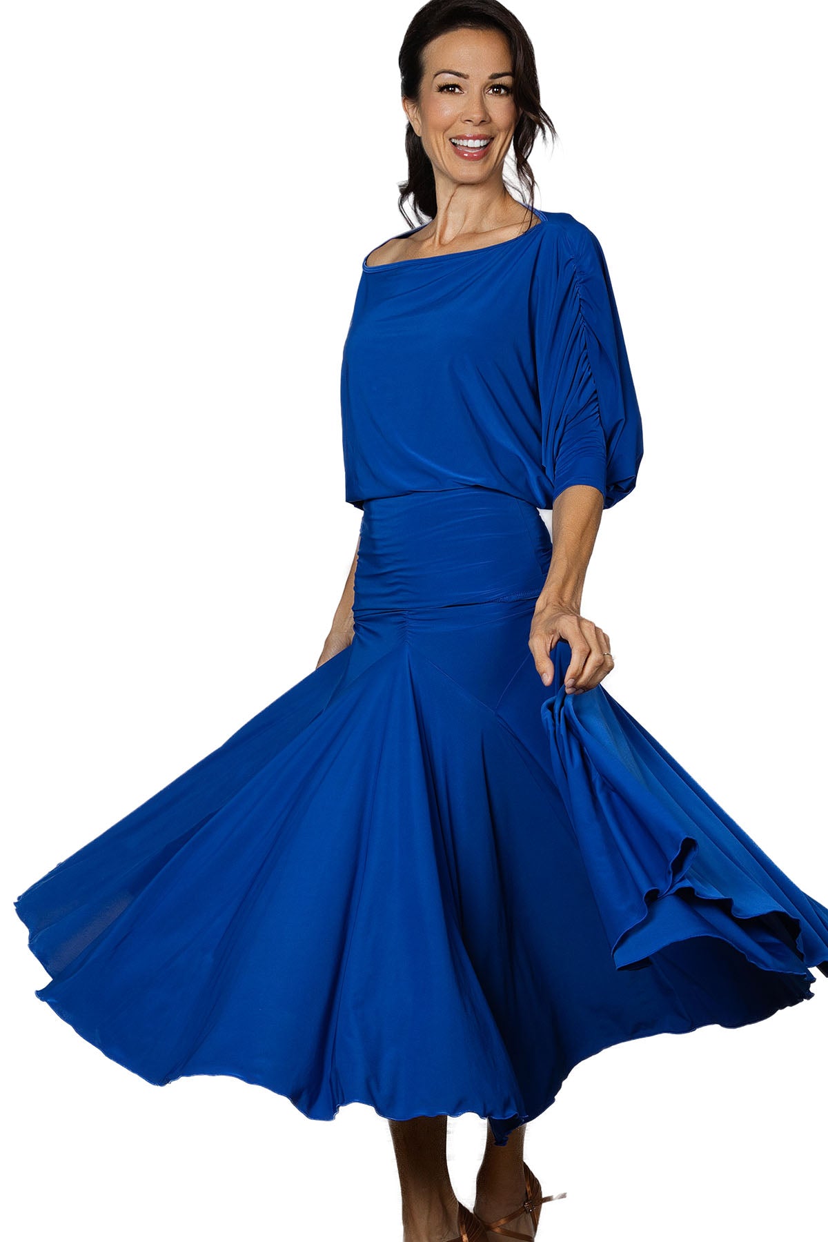 S2401 Long Tulip Skirt  Step onto the dance floor in style with our S2401 Long Tulip Skirt! This best-selling ballroom practice wear skirt features a flattering gathered saddle that looks great on all sizes. And with its double circle fullness, you'll be moving like mad all night lon Blue