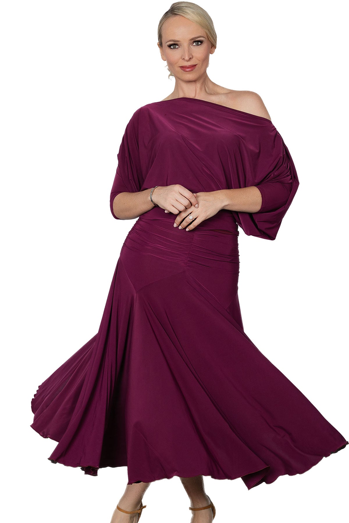 S2401 Long Tulip Skirt  Step onto the dance floor in style with our S2401 Long Tulip Skirt! This best-selling ballroom practice wear skirt features a flattering gathered saddle that looks great on all sizes. And with its double circle fullness, you'll be moving like mad all night lon Wine