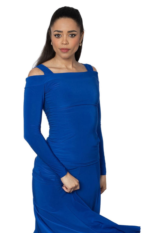 Introducing the T2403 Cold Shoulder Box Top. Made with our signature fabric, this top is designed with cold shoulder cutouts for a trendy yet effortless look. Perfect for any occasion, this top provides both style and comfort. Upgrade your wardrobe with this must-have piece. blue