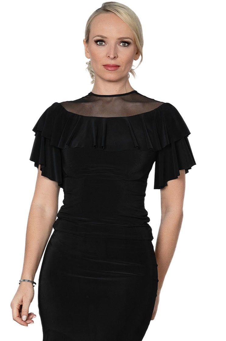 This elegant top features delicate ruffles around the neckline and sleeves, adding a touch of femininity to any outfit. Made from high-quality materials, the T2405 Demoiselle Top is a must-have in any wardrobe. Perfect for both casual and formal occasions, it's a versatile and stylish choice for any fashion-conscious individual.black