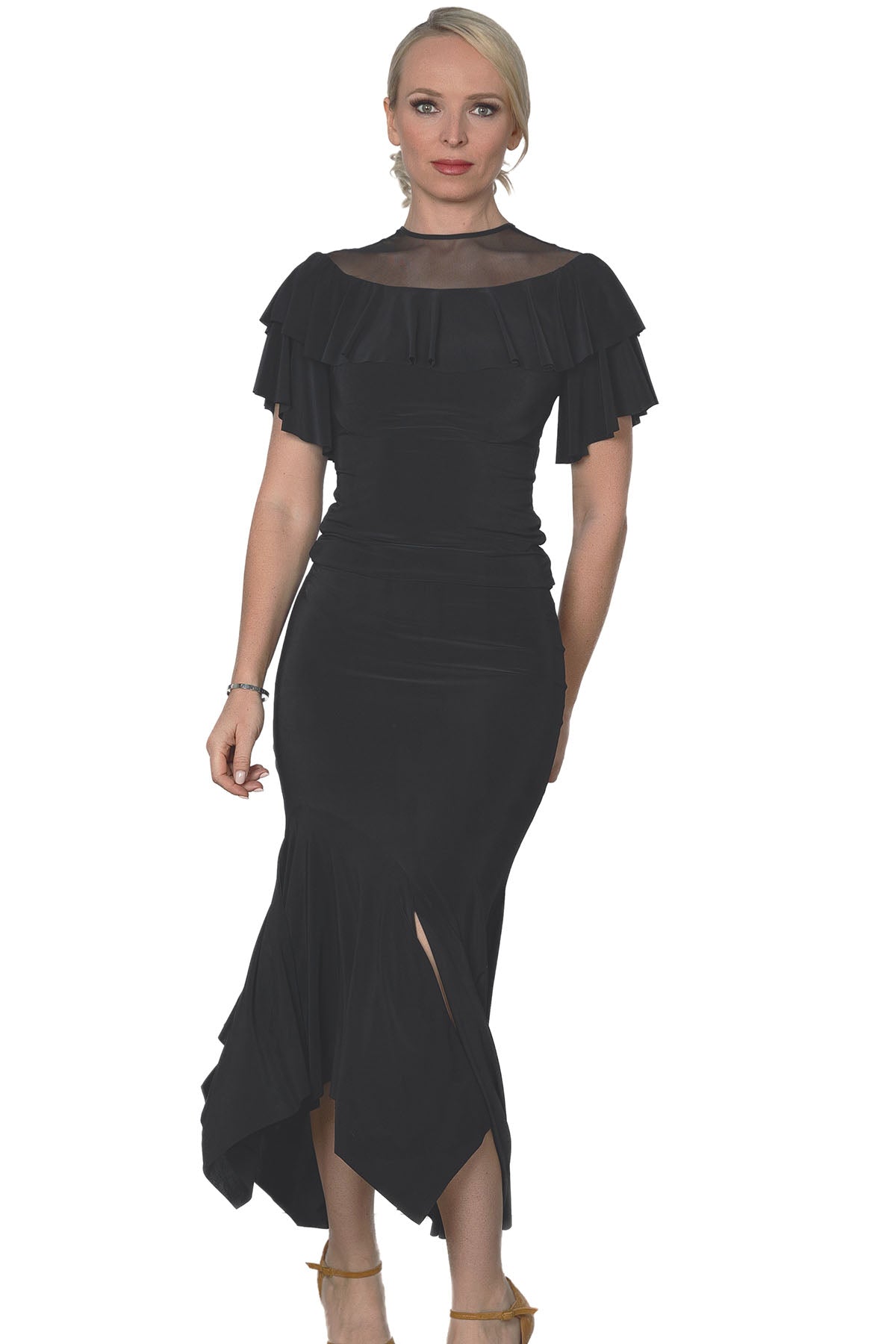 S2410 Bell Carillon Skirt  Get that long and slim look with the S2410 Bell Carillon Skirt! Perfect for Latin or Rhythm Dancing, this slim flair skirt will have you dancing all night. No need to take yourself too seriously with this cute and playful skirt! Black