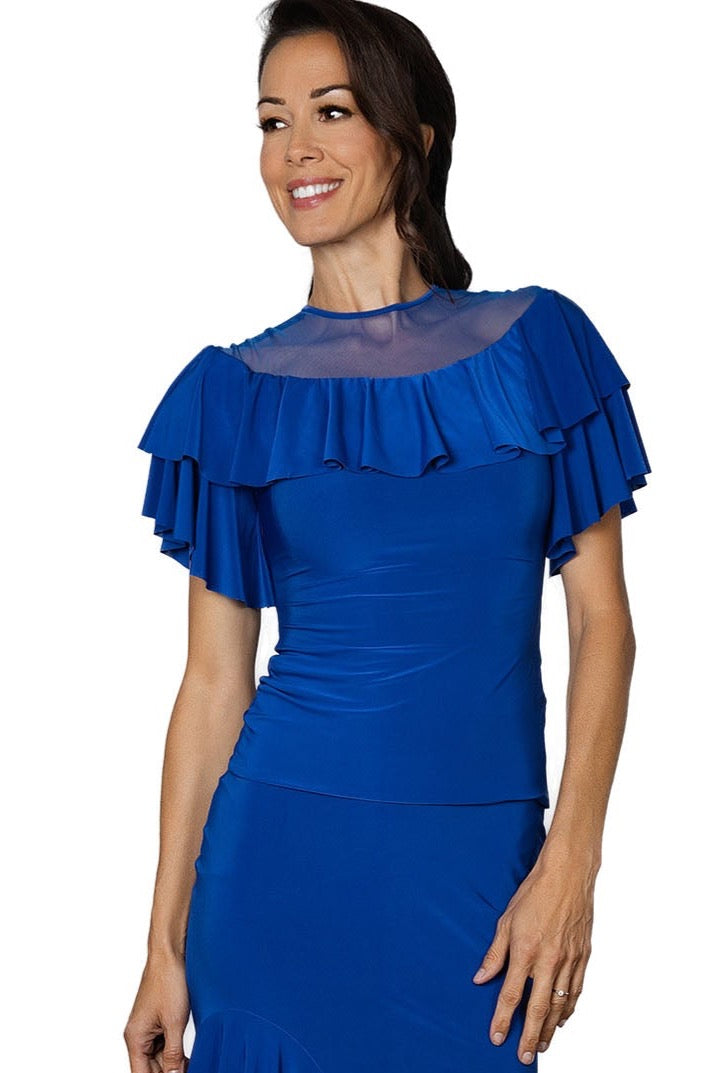 This elegant top features delicate ruffles around the neckline and sleeves, adding a touch of femininity to any outfit. Made from high-quality materials, the T2405 Demoiselle Top is a must-have in any wardrobe. Perfect for both casual and formal occasions, it's a versatile and stylish choice for any fashion-conscious individual.blue