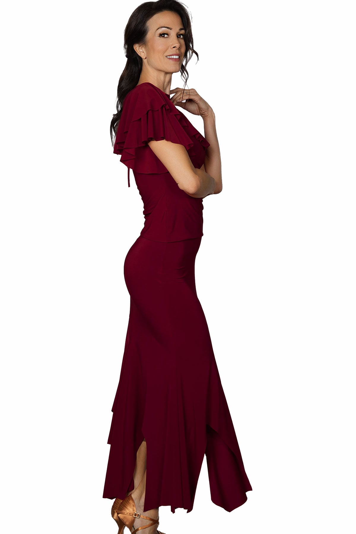 S2410 Bell Carillon Skirt  Get that long and slim look with the S2410 Bell Carillon Skirt! Perfect for Latin or Rhythm Dancing, this slim flair skirt will have you dancing all night. No need to take yourself too seriously with this cute and playful skirt! Wine