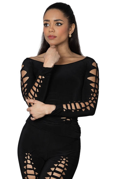 T2407 Seductive Crochet Top  Indulge in absolute luxury with our T2407 Seductive Crochet Top. This signature piece from our collection boasts intricate crochet detailing that elegantly reveals glimpses of skin. Embrace your sensuality and elevate your style with this exclusive, must-have top. black