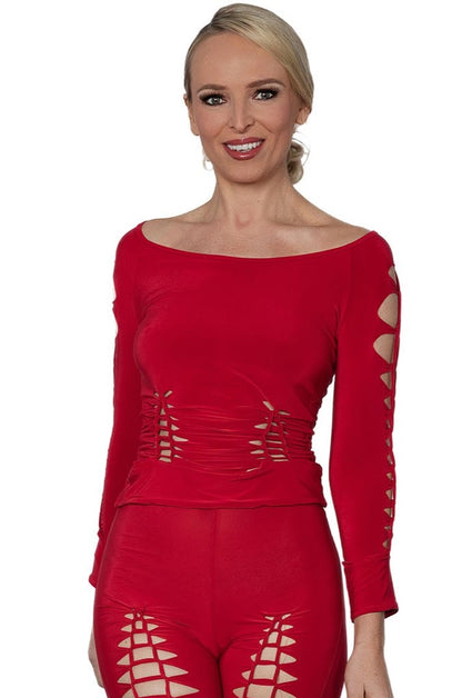 T2407 Seductive Crochet Top  Indulge in absolute luxury with our T2407 Seductive Crochet Top. This signature piece from our collection boasts intricate crochet detailing that elegantly reveals glimpses of skin. Embrace your sensuality and elevate your style with this exclusive, must-have top. red