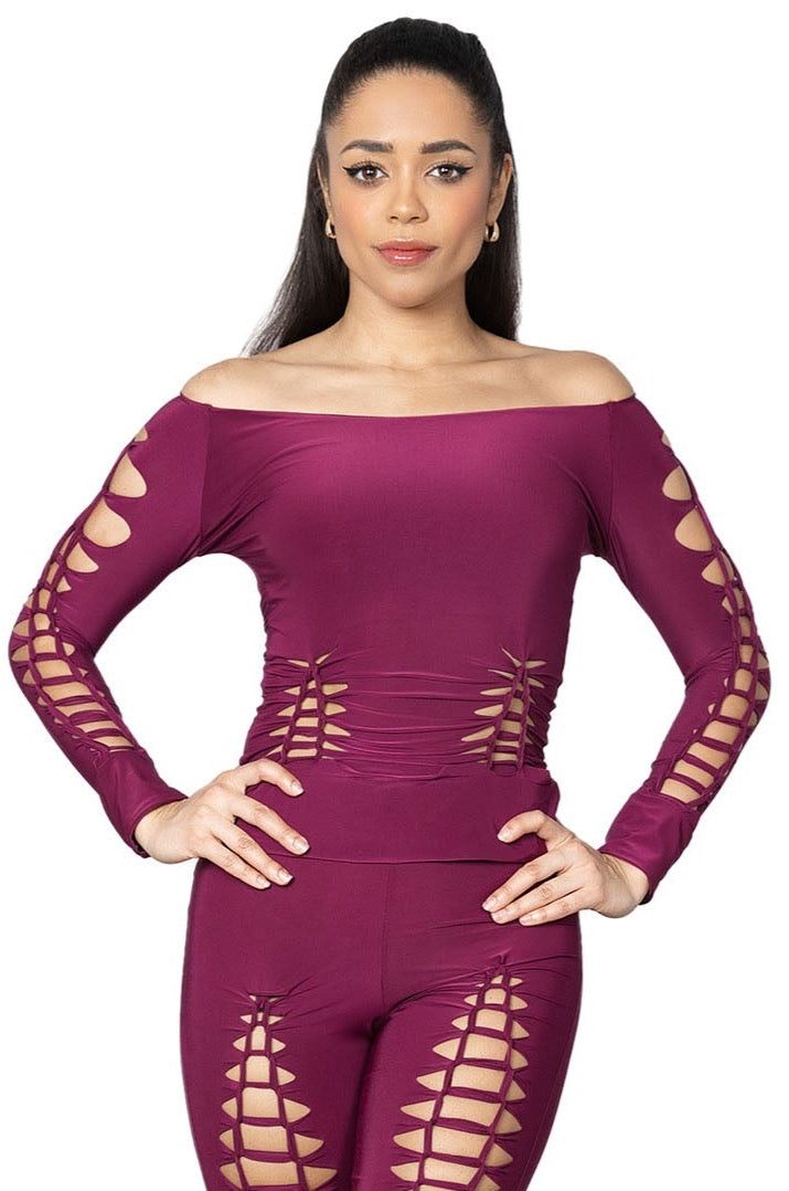 T2407 Seductive Crochet Top  Indulge in absolute luxury with our T2407 Seductive Crochet Top. This signature piece from our collection boasts intricate crochet detailing that elegantly reveals glimpses of skin. Embrace your sensuality and elevate your style with this exclusive, must-have top. wine