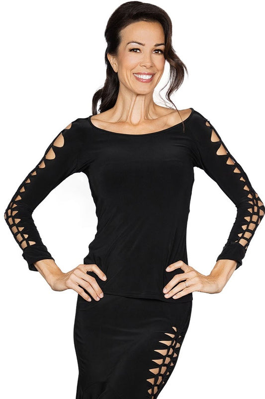 T2408 Simple Crochet Top  Elevate your wardrobe with our T2408 Simple Crochet Top, a signature piece of our collection. The delicate crochet details reveal just the right amount of skin, creating a slimming effect. Exude elegance and exclusivity with this timeless piece. black