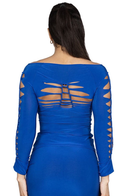 T2408 Simple Crochet Top  Elevate your wardrobe with our T2408 Simple Crochet Top, a signature piece of our collection. The delicate crochet details reveal just the right amount of skin, creating a slimming effect. Exude elegance and exclusivity with this timeless piece. back view blue