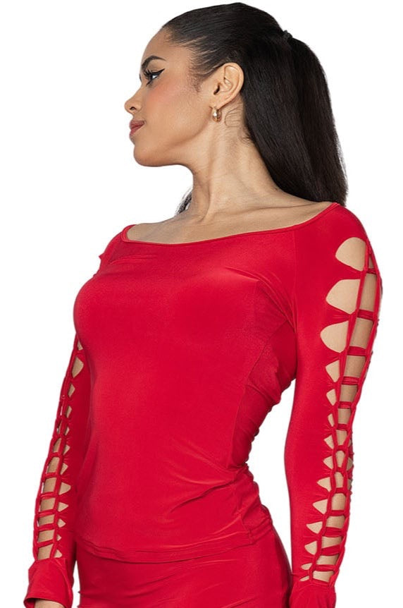 T2408 Simple Crochet Top  Elevate your wardrobe with our T2408 Simple Crochet Top, a signature piece of our collection. The delicate crochet details reveal just the right amount of skin, creating a slimming effect. Exude elegance and exclusivity with this timeless piece. red