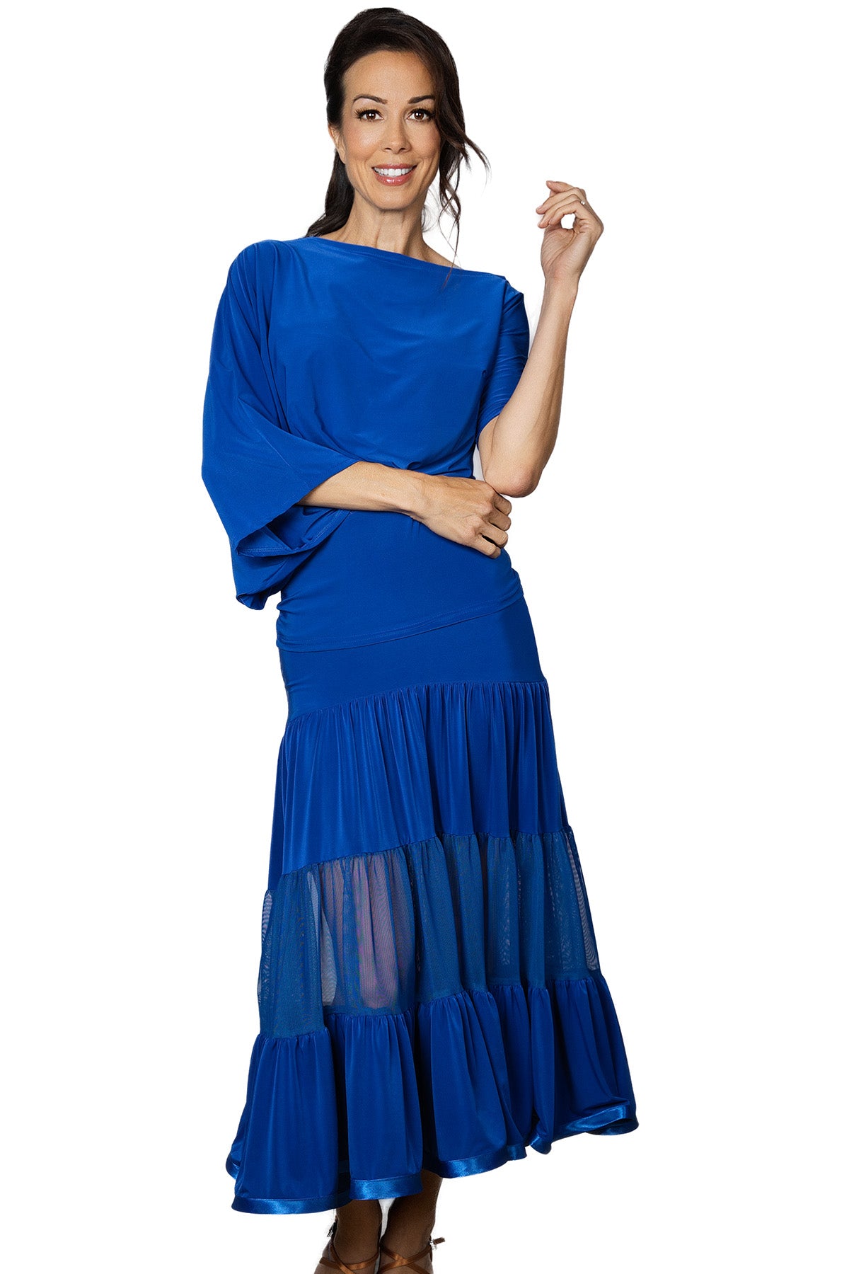 S2412 Long 3 Tiered Ruffle Skirt  Get ready to dance the night away in our S2412 Long 3 Tiered Ruffle Skirt. Perfect for ballroom dancing, this skirt moves with you and adds a touch of glamour to your dance moves. You'll be sure to steal the show in this smooth and elegant skirt. Blue