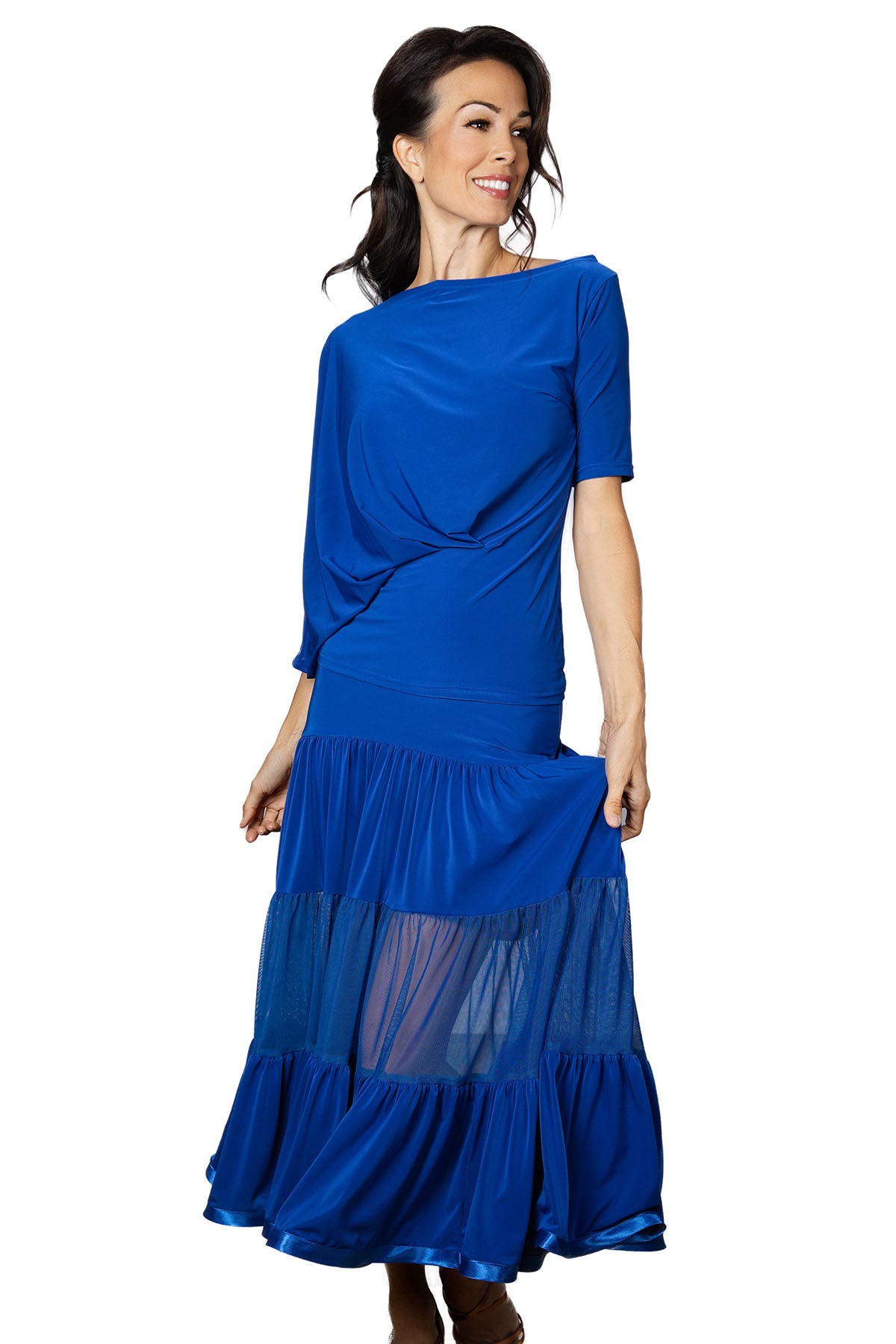 S2412 Long 3 Tiered Ruffle Skirt  Get ready to dance the night away in our S2412 Long 3 Tiered Ruffle Skirt. Perfect for ballroom dancing, this skirt moves with you and adds a touch of glamour to your dance moves. You'll be sure to steal the show in this smooth and elegant skirt. Blue