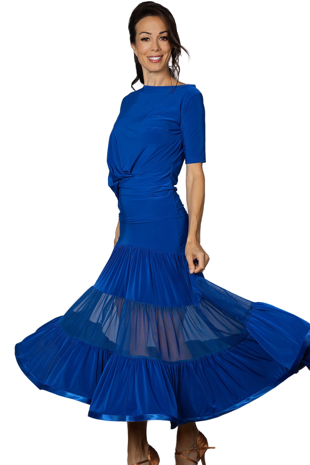 S2412 Long 3 Tiered Ruffle Skirt  Get ready to dance the night away in our S2412 Long 3 Tiered Ruffle Skirt. Perfect for ballroom dancing, this skirt moves with you and adds a touch of glamour to your dance moves. You'll be sure to steal the show in this smooth and elegant skirt. Blue