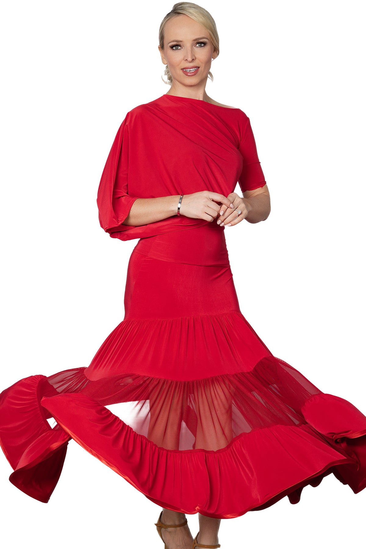 S2412 Long 3 Tiered Ruffle Skirt  Get ready to dance the night away in our S2412 Long 3 Tiered Ruffle Skirt. Perfect for ballroom dancing, this skirt moves with you and adds a touch of glamour to your dance moves. You'll be sure to steal the show in this smooth and elegant skirt. Red