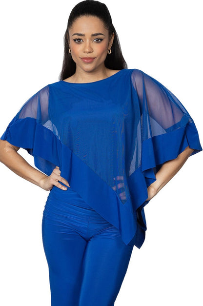 T2412 Diagonal Mesh Caplet Top  Introducing our T2412 Diagonal Mesh Caplet Top, the perfect combination of comfort and elegance. This asymmetric mesh over-layer cape top comes with a tank undershirt, making it not only stylish but also practical for ballroom dancing. Elevate your dance attire with this sophisticated and exclusive piece. blue