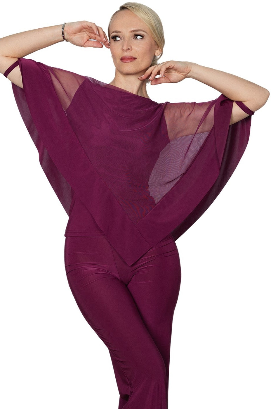 T2412 Diagonal Mesh Caplet Top  Introducing our T2412 Diagonal Mesh Caplet Top, the perfect combination of comfort and elegance. This asymmetric mesh over-layer cape top comes with a tank undershirt, making it not only stylish but also practical for ballroom dancing. Elevate your dance attire with this sophisticated and exclusive piece. wine