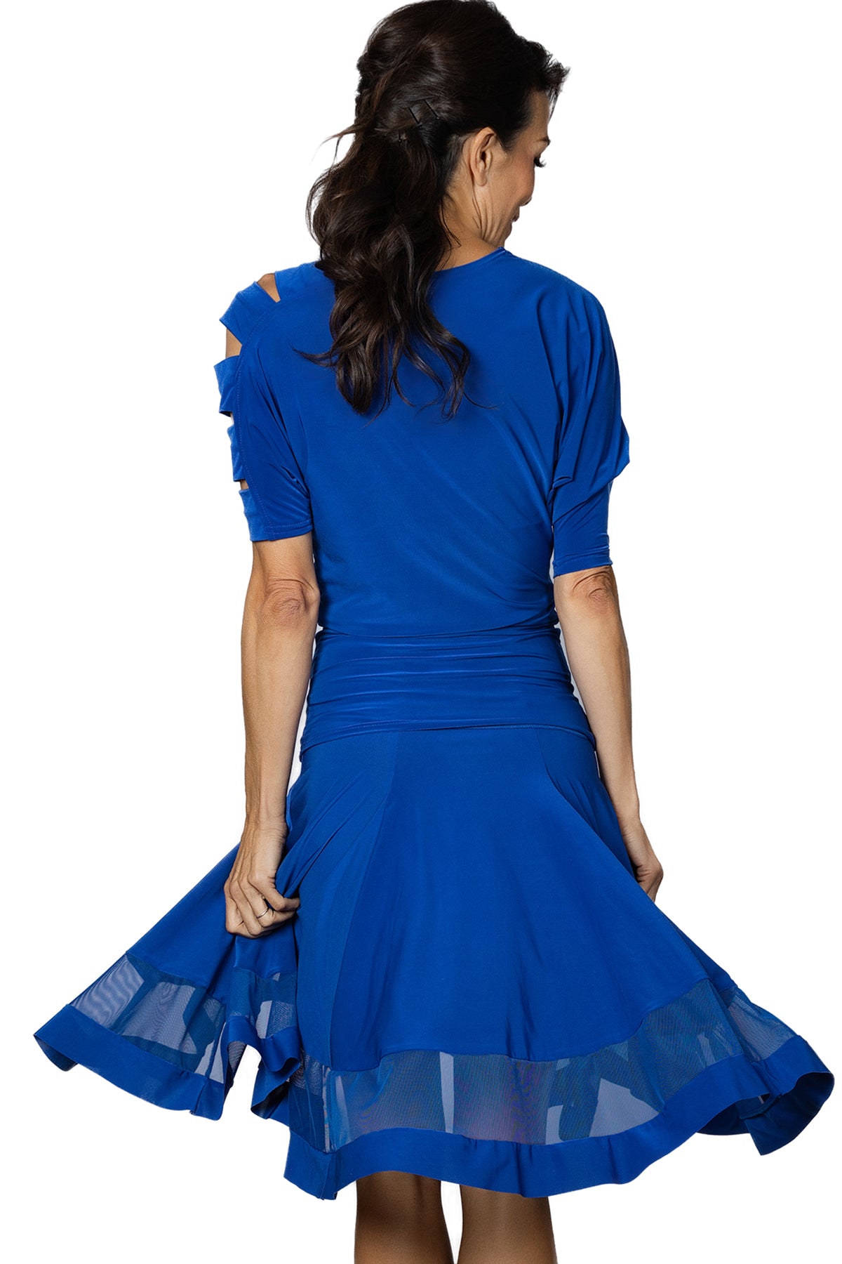 S2406 Silhouett Skirt  Get ready to dance the night away in our S2406 Silhouett Skirt! This stunning six-panel skirt features a unique sheer Powermesh inset that adds a touch of playfulness to your moves. Perfect for any dance floor, this skirt is as beautiful as it is functional. Blue