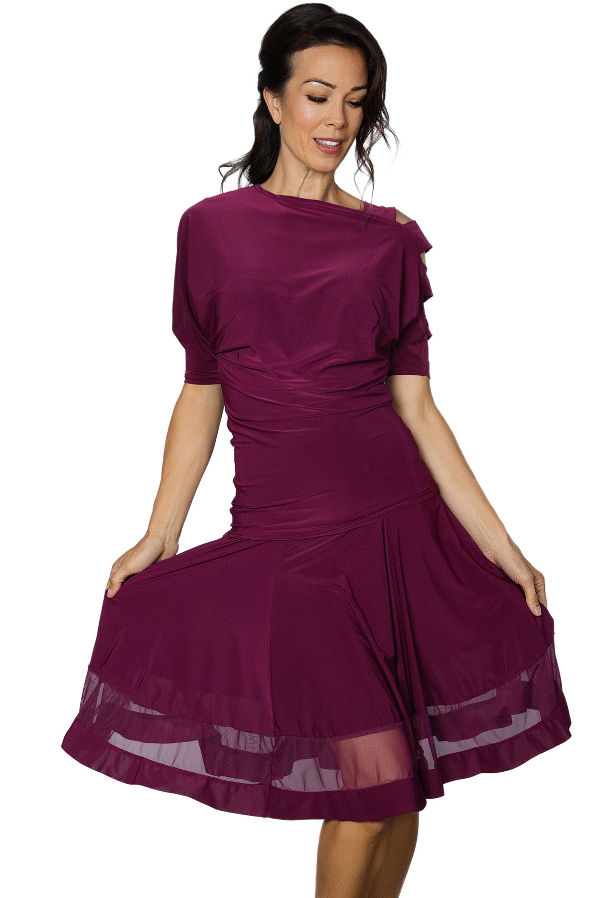 S2406 Silhouett Skirt  Get ready to dance the night away in our S2406 Silhouett Skirt! This stunning six-panel skirt features a unique sheer Powermesh inset that adds a touch of playfulness to your moves. Perfect for any dance floor, this skirt is as beautiful as it is functional. Wine