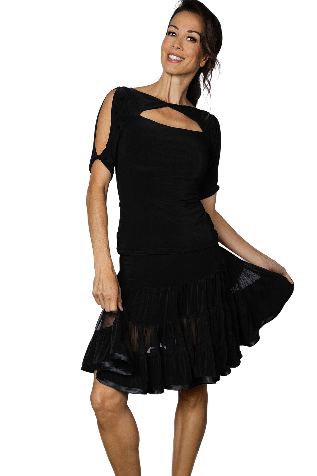 S2411 Short 3 Tiered Ruffle Skirt  Step onto the dance floor in style with our S2411 Short 3 Tiered Ruffle Skirt! Its unique design and playful ruffles will make you stand out while you groove. Perfect for any occasion, this skirt adds a touch of fun to any outfit. Get ready to turn heads and show off your moves! Black