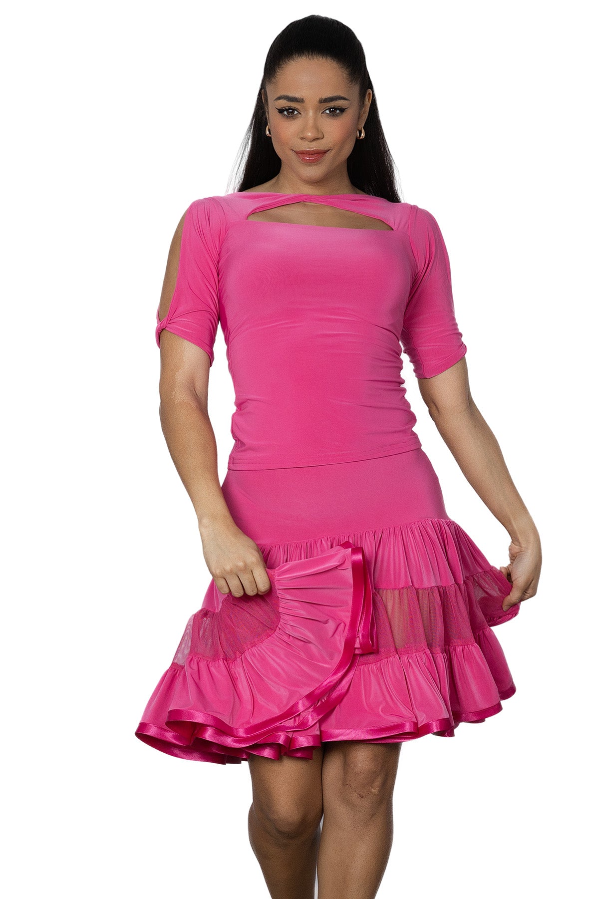 S2411 Short 3 Tiered Ruffle Skirt  Step onto the dance floor in style with our S2411 Short 3 Tiered Ruffle Skirt! Its unique design and playful ruffles will make you stand out while you groove. Perfect for any occasion, this skirt adds a touch of fun to any outfit. Get ready to turn heads and show off your moves! Pink