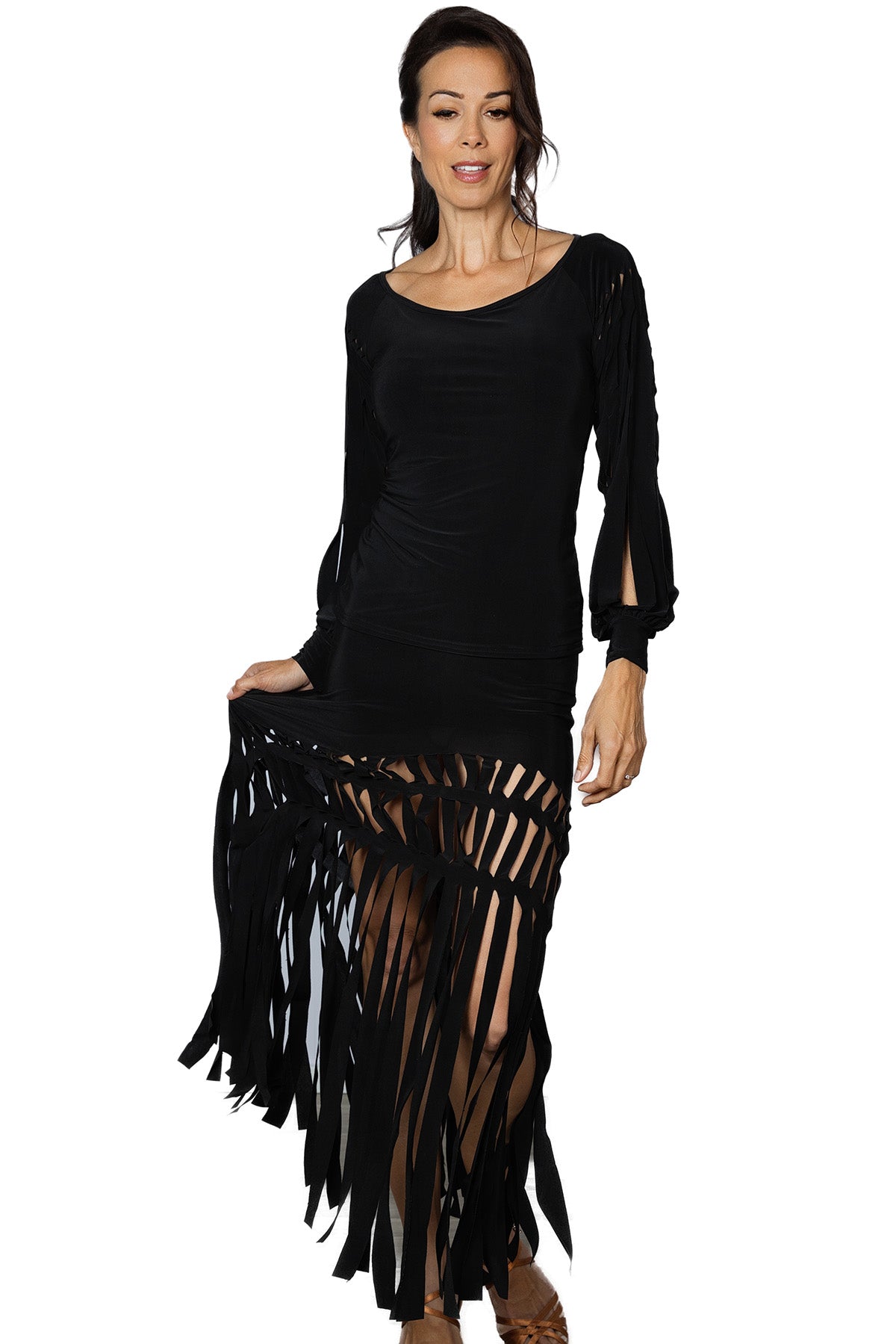 S2408 Cutout Band Skirt  Indulge in the elegance of our S2408 Cutout Band Skirt. The luxurious lasercut fabric creates a striking fringe pattern that will turn heads. Perfect for any occasion, this skirt will make you feel sophisticated and chic. Elevate your wardrobe with this exclusive piece. Black